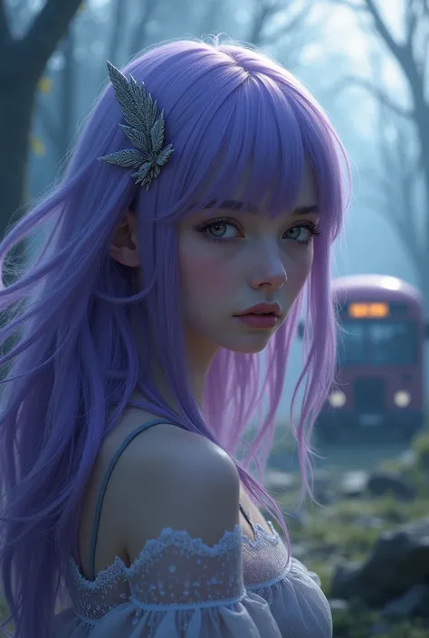 Beautiful Minecraft girl with purple hair , gray eyes,  with a SQUID GAME bus in a landscape 