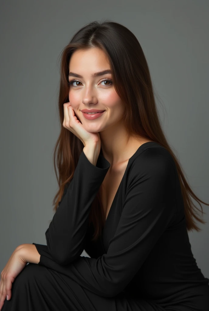 A hyperrealistic woman wearing black formal wear alone, high resolution, long straight hair, smile, brown hair, sitting in a photo studio with a gray background and with her hand lightly resting on her face