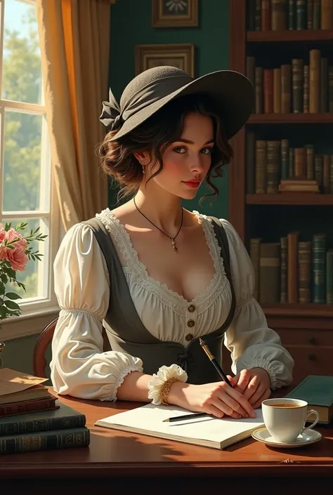  An elegant but old and realistic illustration , as if it were from real life ,  and as if it were the house of the writer Jane Austen but if she was in the photo,  on a desk table with a pen , paper and a cup of tea ,  all surrounded by classic books .  O...