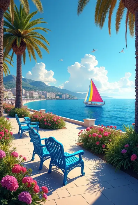 Photo magnifique de la promenade des Anglais remplie de belles fleurs et de magnifiques pins parasol, avec des magnifiques chaises bleues traditionnelles en fer forgé, face à la mer avec un magnifique voilier coloré avec les voiles dehors qui passe sur la ...