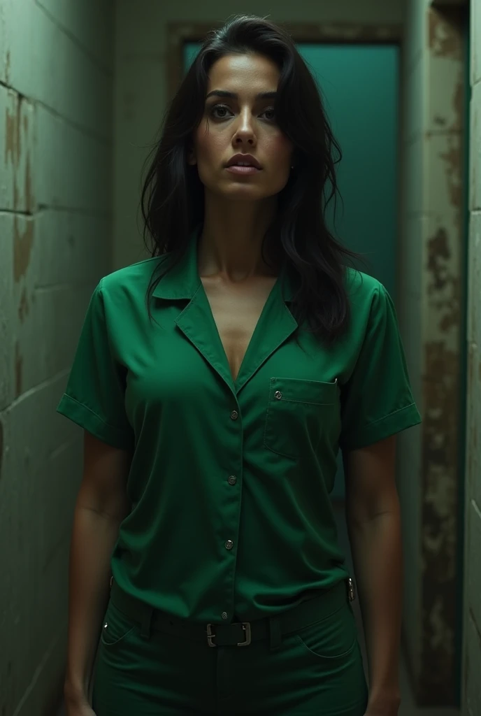 Create the image of a woman who is Maria do Bairro from the soap opera Maria do Bairro wearing a tight green prison uniform where she is being held