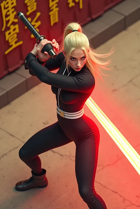 calligraphyflux,isomatric view, top view, activity pose, fighting, action, Captured from a high-angle perspective. a blonde girl stands in front of a backdrop of Asian characters. swing thick huge red color light sword, She is dressed in a tight black kimo...