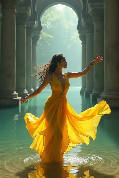 arafed woman in a yellow dress standing in front of a mirror, submerged temple dance scene, inspired by T. K. Padmini, she is dancing. realistic, movie screen shot, theater dance scene, scene from a movie, dance scene, as though she is dancing, still frame...