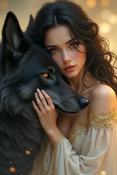 The image shows a beautifully illustrated scene of a woman embraced protectively by a large, majestic wolf. The woman, with dark flowing hair and adorned in white and gold attire, has a peaceful expression as she leans against the wolf, her eyes closed in ...