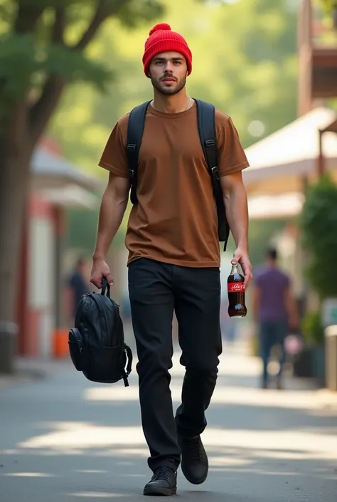 18 year old man weights 170 pounds wearing a brown shirt black pants black shoes black backpack and a red beanie with his bottle of coke