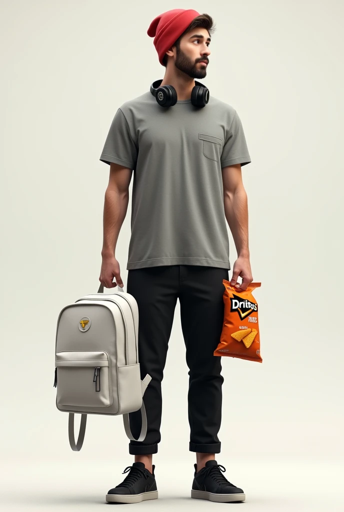 18 year old man weights 170 pounds wearing a grey shirt black pants black shoes black headphones white backpack and a red beanie with his bag of Doritos