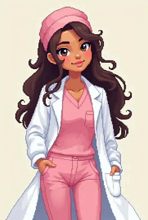 Pixel cartoon Beautiful girl smiling with long brown and wavy hair, pink surgical jumpsuit ,  white coat with Harry Potter surgical cap,  light brown skin, full body with lenses , chubby body, 
