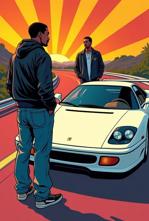 
I need an image of two vignettes , One up and one down in the pop art comic style of the 90s ,  in the first one is Justin Beaber talking to Puff Diddy with a white Ferrari ,  then in the second vignette there is only Justin looking back with the car in t...