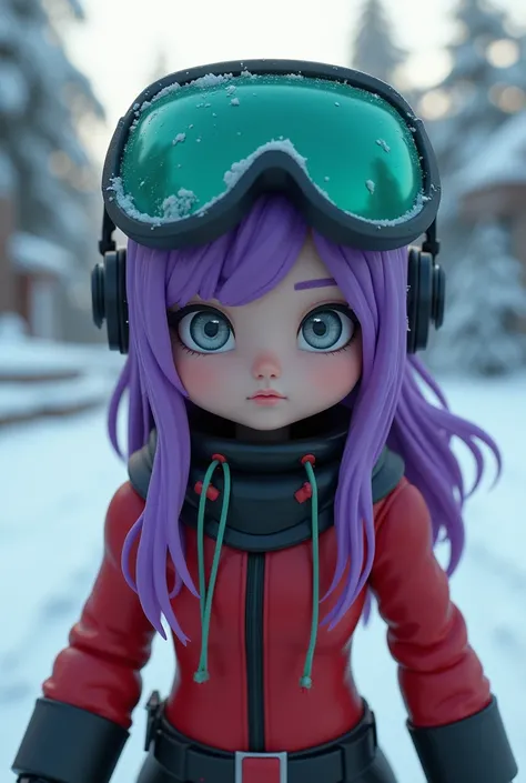  Beautiful woman from Minecraft with purple hair, gray eyes, With clothes from the SQUID GAME ploma from Netflix in a snowy landscape and Squid games in Minecraft and their headphone headsets