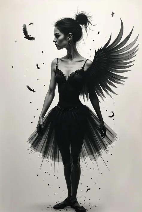  tattoo of a transformation between a black swan and the Swan Lake ballerina,  Black and white, sinister tattoo ,  with a blurred face and small feathers that come off 