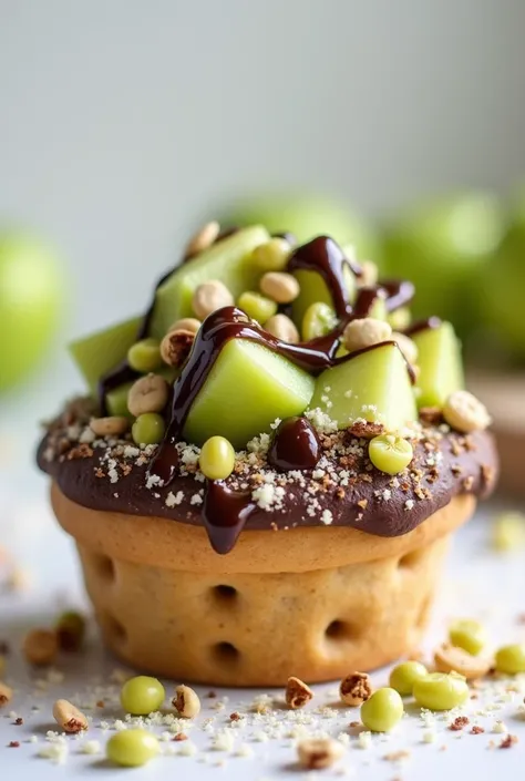 An edible cookie basket filled with chunks of green apples,  topped with chocolate sauce and colorful toppings ,  that highlights the apple in the cone and shows white cream 