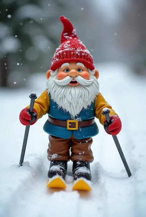  garden gnome skiing in the snow. The garden gnome has a red hat , blue vest with a brown belt ,  brown pants and their skis are yellow.