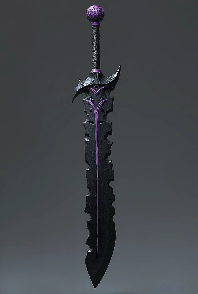 Weapon with a long and thick handle, black with violet and a blade made of pure obsidian, irregularly shaped, similar to ancient Inca weapons.