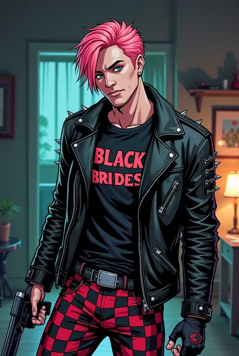 line style of drawing and art from DC Comics, a 25 year old pink haired man with well cut hair and light green eyes with a bad expression closed face and serious face, he has some muscles he wears a leather jacket with spikes and a black t-shirt underneath...