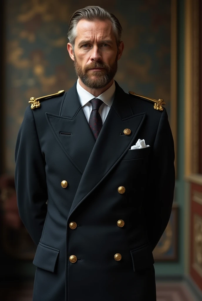 Rhys Ifans,slicked back hair,beard,monocle,high ranked regal uniform,hands behind his back,proud stance