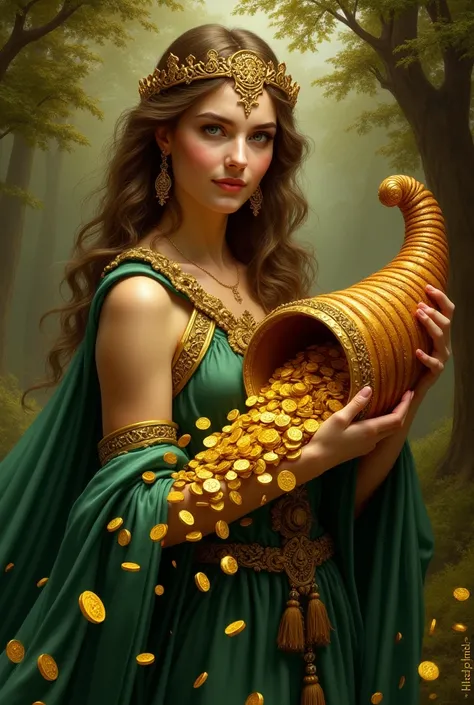 Goddess Abundia , Goddess of abundance.  Holding a Cornucopia With coins sticking out from inside. Renaissance photo painting .  green dress 