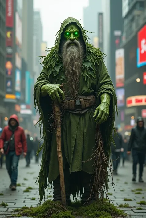 "Leshy in a modern city" Picture Leshy, the mythical protector of the forest, standing amidst the concrete jungle of a modern metropolis. He wears a long cloak woven from leaves and twigs, with a soft greenish light emanating from his eyes. His thick beard...