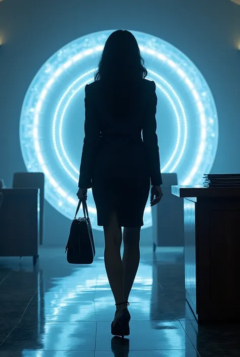  Chanel black haired secretary wearing formal clothes , a pencil skirt ,  carrying a bag in her right hand and business papers in her left hand,  the secretary has a glowing fluorescent aura around her ,  the desk is leaving an interdimensional energy port...