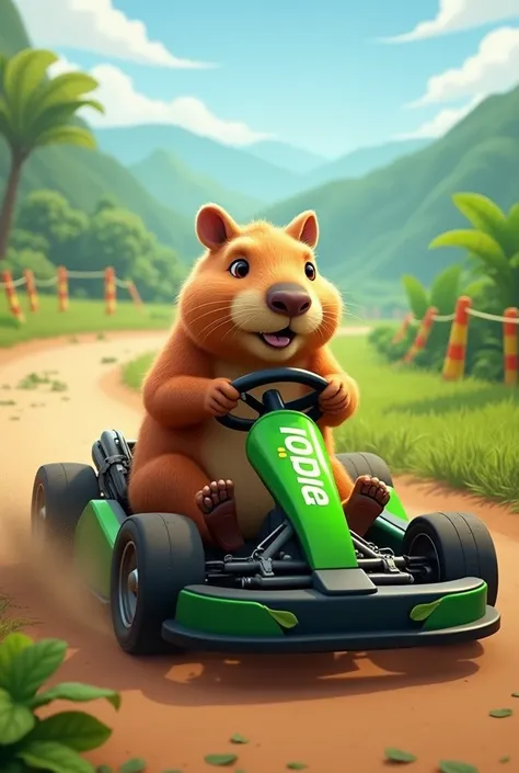 Create an image of a capybara driving a Kart in the colors green and black written Lindoia on the car