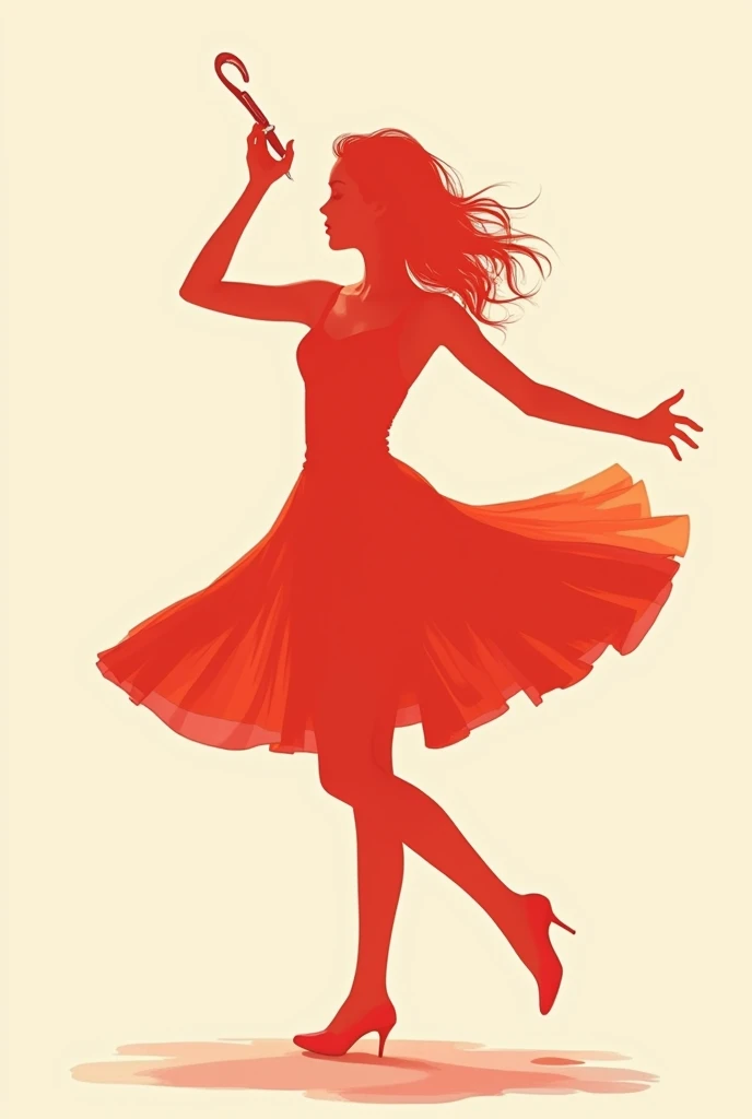 Red silhouette of teenage girl dancing in a dress and holding a clothes hook in her hands