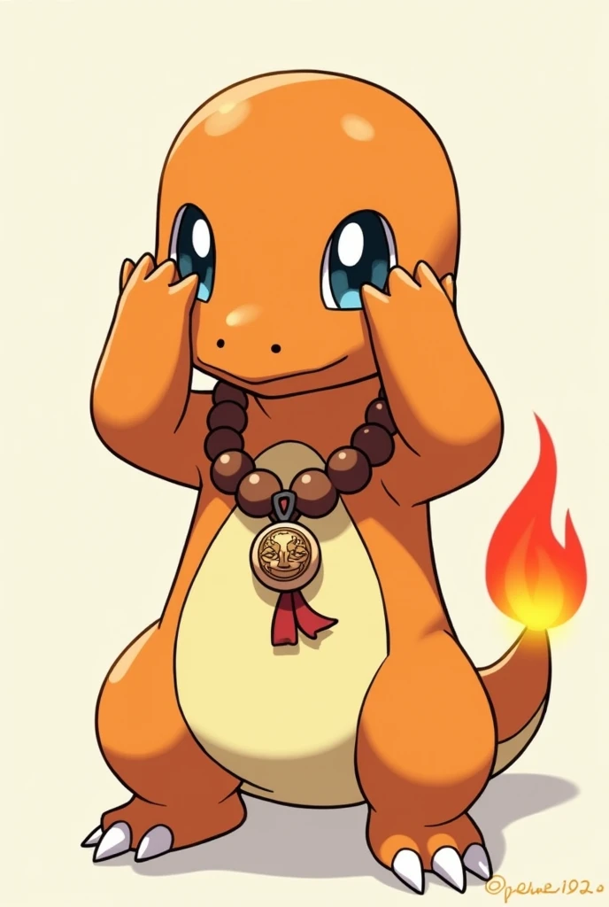 A Charmander designed in the original Pokémon ,  style wearing a Buddhist beaded necklace and covering his eyes with his hands 