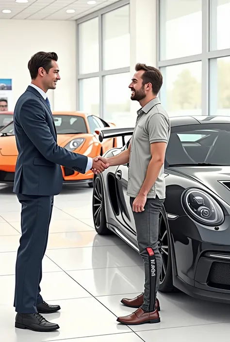 Two people on the left of the picture by the desk selling a car and shaking hands one without a leg and arm second one well dressed. On the right super car, in the background other ones in car salon. Drawing style