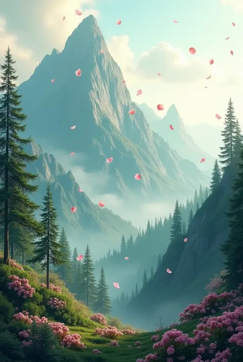 Woody mountain wallpaper with very few pink rose petal flying in the air