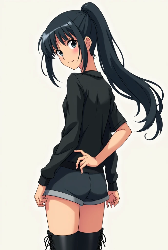 anime,  skin color white  , girl, wearing a black shirt with  ,  black hair and a ponytail , a black shorts,  with a waist and long black boots, that looks tough.