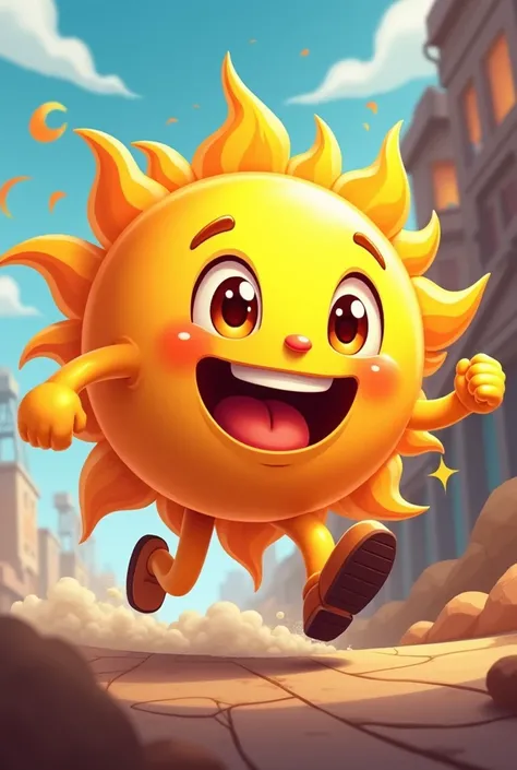 mascot cartoon sun running com fumaça atras dele