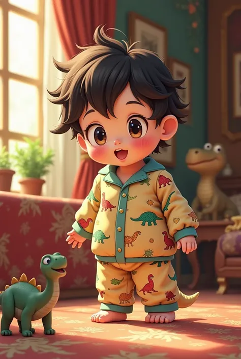 A anime toddler boy who is a prince wearing dinosaur pajamas