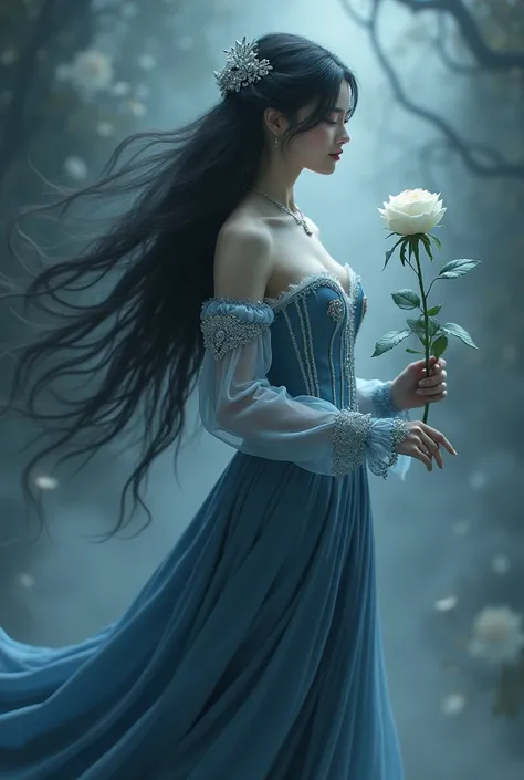  white woman with long black hair, an ornament on silver hair , light blue corset ,  long dark blue skirt ,  1890s style / details of 1900 in silver clothes . White rose in hand,  approximate height of 1 ,67. on the spiritual plane ,  in a slightly dark pl...