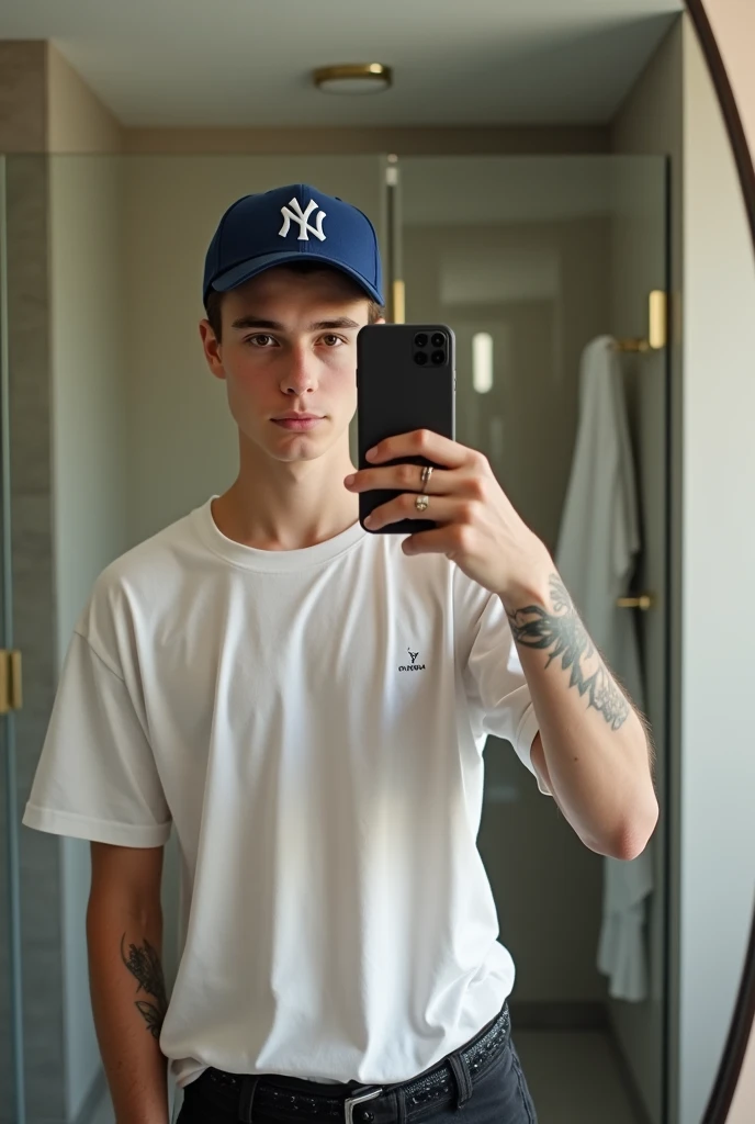  A real photo of a handsome teenage boy of approximately 18 years old ,  the photo is being taken in front of the mirror ,  his cell phone is iPhone and he covers his face a little bit with it , He has brown hair, a blue New Era cap , camiseta blanca,  bla...