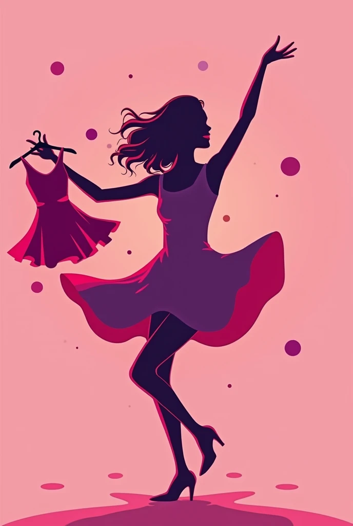 Silhouette of cheerful dancing teenager with pink outline wearing dress holding in her hands a dress on a clothes hook