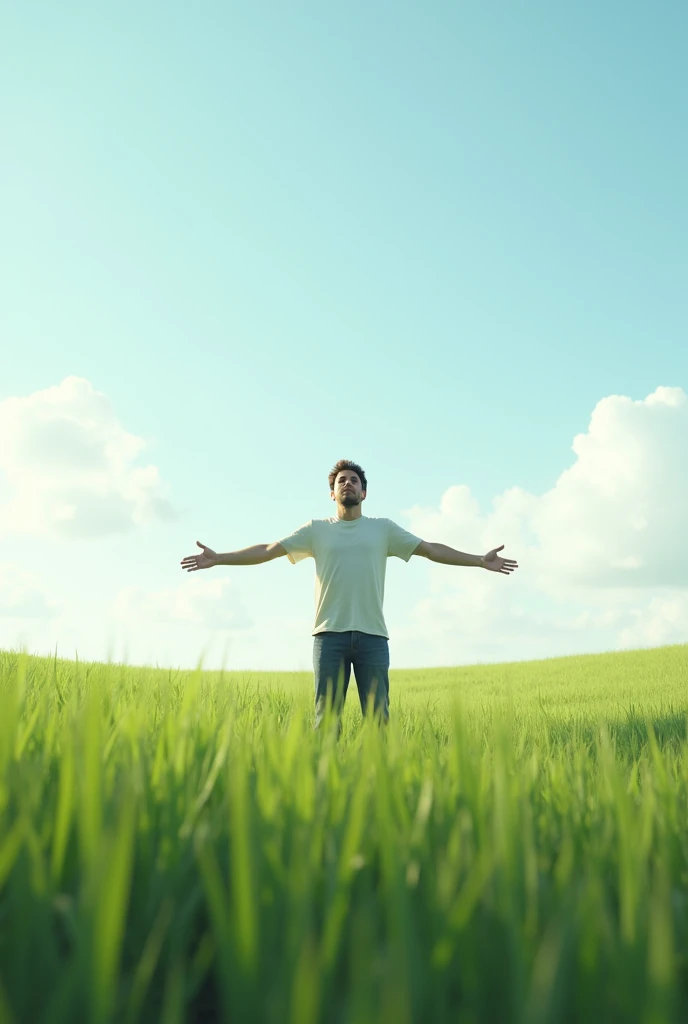 A 23-year-old boy in a t-shirt is standing in an open green field with his back to the sky with both arms outstretched.