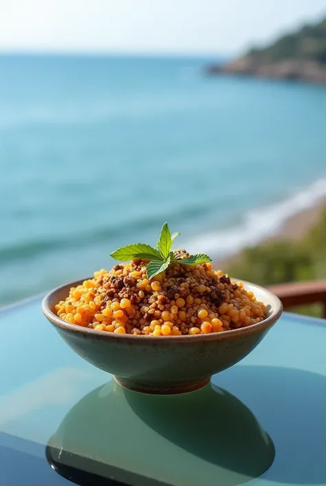 High definition image of a bowl of bici bici (specialty of Adana in Turkish) .  The bowl of bici bici is on a glass table, the table is in front of the sea.