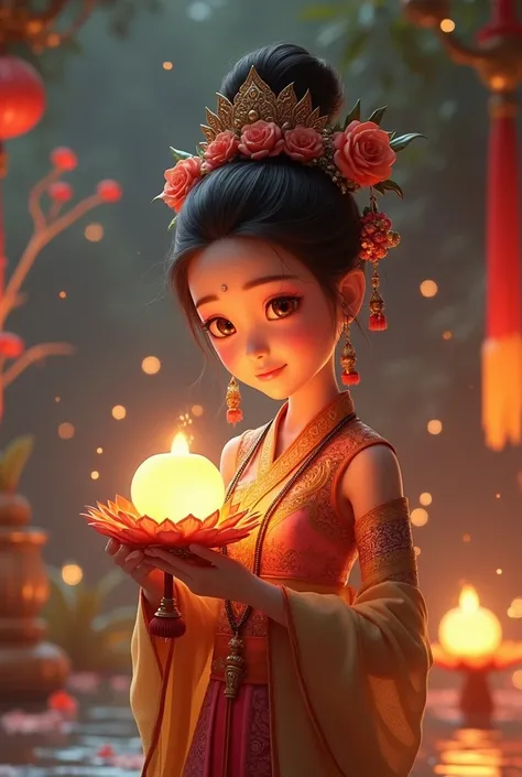 Young woman in ancient costume holding a Krathong. Animation