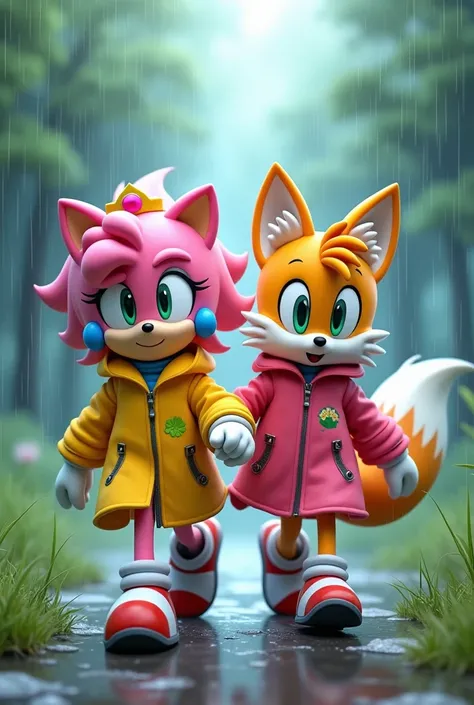 peach and tails walking in rain in raincoat