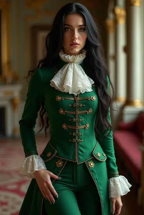 a russian beautiful woman, long black hair, dressed in 1810s Mens versailles Mens Suit. A Historical rococo costume with a green frock coat, waistcoat, knee-length trousers, , musketeer boots ,lace cuffs, big ruffled Lace Jabot Cravat,