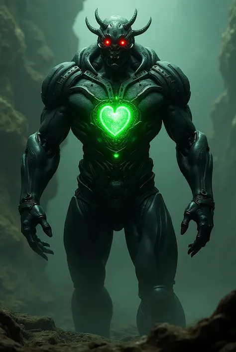  An alien Cyborg ,  muscular body ,Tall stature ,  organic head , Red eyes and black skin  , the heart shows in the middle of the chest ,emitting the color strong green  .