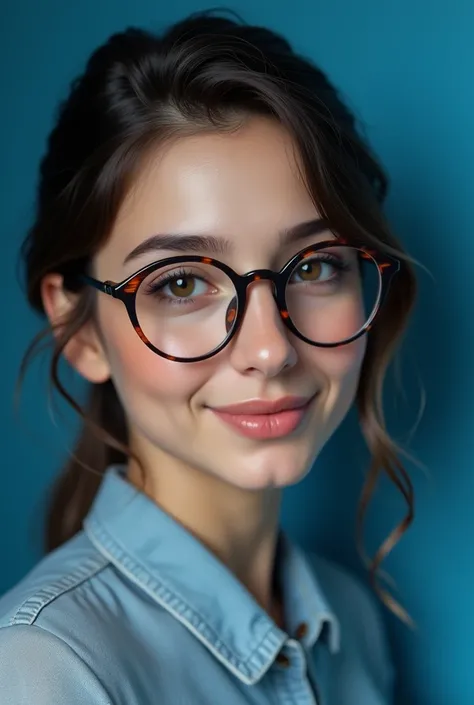 (photorealism:1.2), beautiful Azerbaijans woman, with glasses and dark brown eyes,round and a bit fat faces, everywhere is blue 