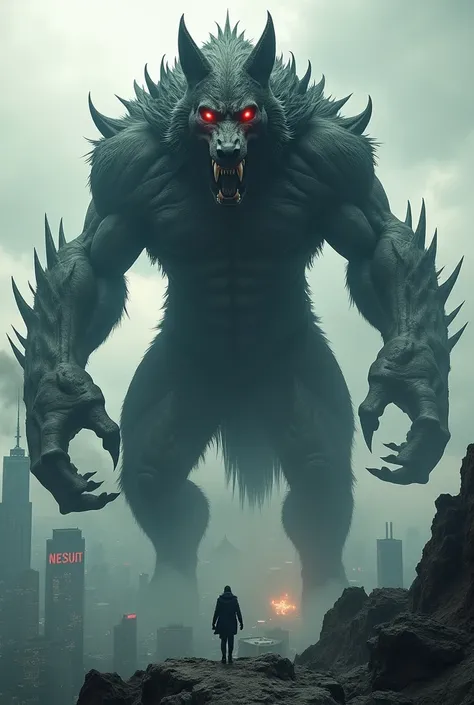 A gigantic strong muscular part dog part demon towering over a city