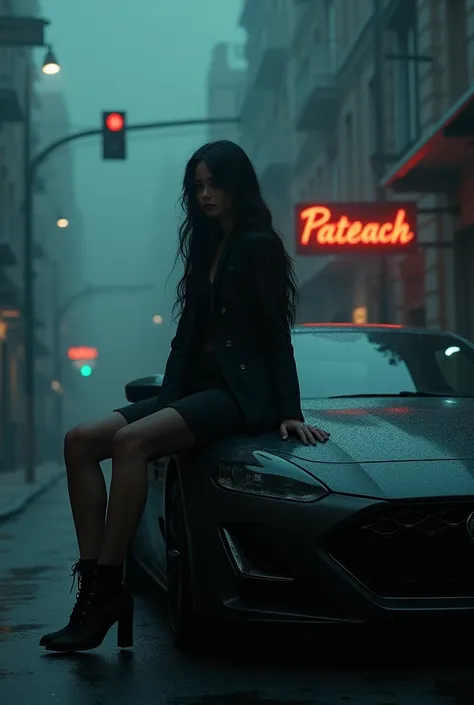 A mystery girl sits on a modern car in dark street with a sign that says pateach 