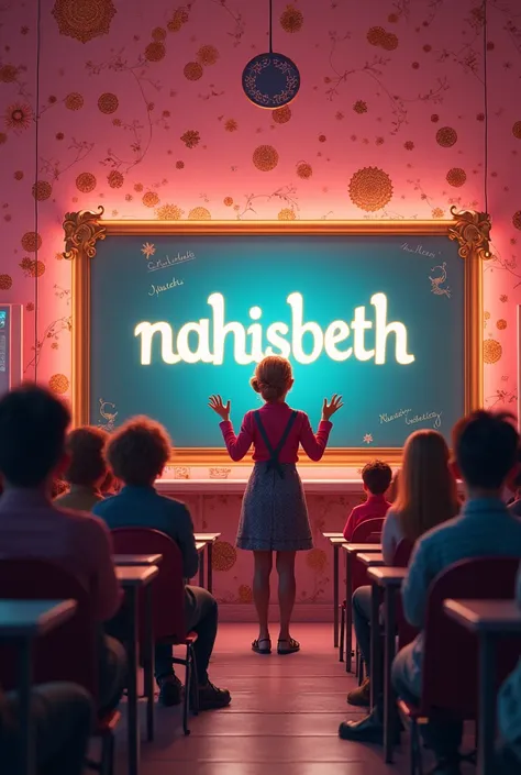 Wallpaper that says Nahisbeth in a classroom with a teacher explaining very beautiful full pink and gold red movie very creative   