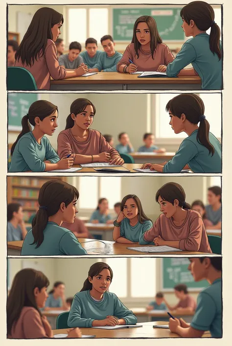  You can make me a story board about the story of a girl Sofia bullies another girl Mila,  Mila has everyones attention for being studious and always answering everything , Sofia feels jealous ,  one day she locks her in a closet ,  the teacher and the pri...