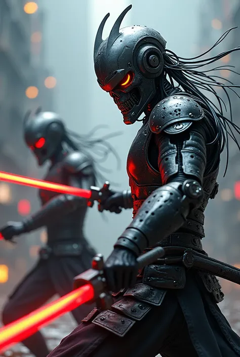 The future of 2050、 Warriors who are fused with samurai and terminator are flashy fighting poses、Holding 2 swords 、 the face is a metal skull 、Eyes glow red、 samurai helmets and armor combine cyber elements while retaining the original form 、Body with expo...