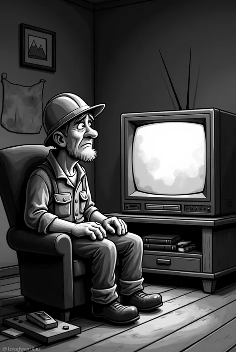  Miner watching TV worried that illegal mining appears in the news, non-animated black and white cartoon with a dialogue 