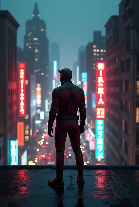 Solo, Marvel’s Daredevil on a building rooftop, looking over the city, neon lights, background Hell’s Kitchen New York, High Resolution, Masterpiece, Best Quality, Best Quality, Award Winning, Detail, High Details, High Quality, Super Detailed, UHD, From S...