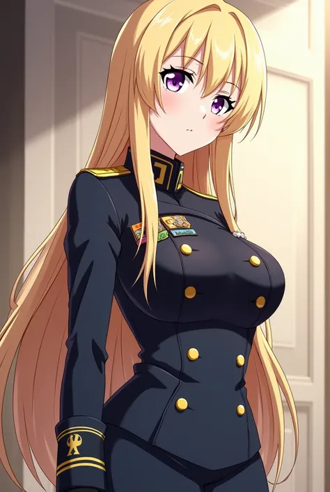  Screenshot from the anime Dr Stone, of a girl with long blond hair ,with purple eyes and white skin ,with a slender, curvaceous body with large breasts and pronounced curves,Who wears the full uniform of a military commander of the navy along with some me...