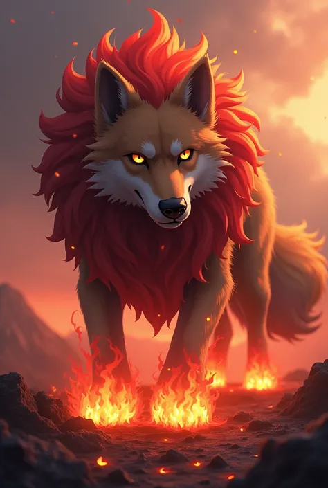 A medium dog with flaming paws a medium smoky red anime-shaped mane set against the background in an extremely hot area next to a volcano