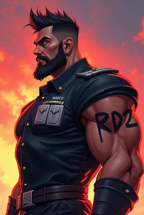 a profile picture of a animated scary strong commander with Mexican color and vibe.has the name of the alliance of RBDz in the commander body and the name of Marco as tattoo. Both names very visible
